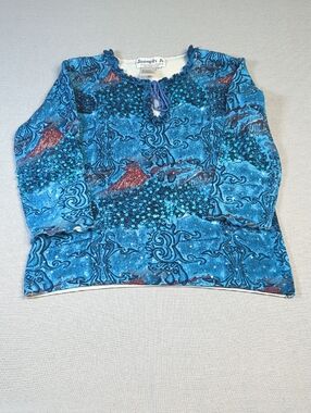 Joseph A Silk Blend Blue Sequin Top Tie Neck 3/4 Sleeve Stretch Y2K Boho Size L